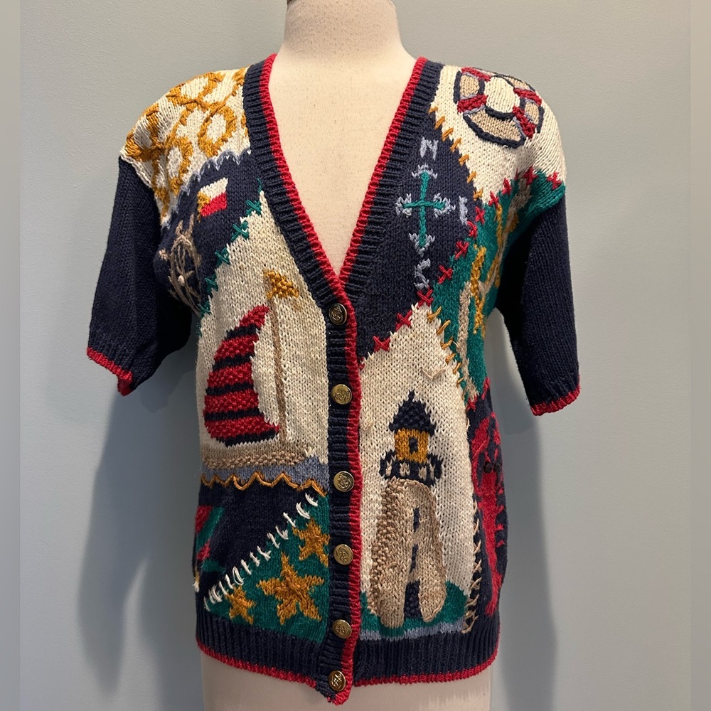 Ashley By 26 International Navy, Cream & Red Nautical Patchwork Cardigan